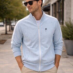 Kultivate, size small, Amsterdam men’s light blue zip up sweater with palm trees
